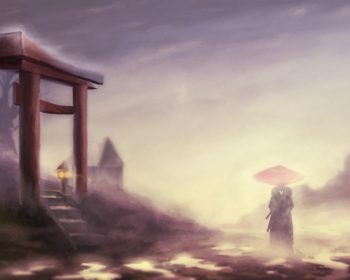 Рисунок самурая возле ворот Тории